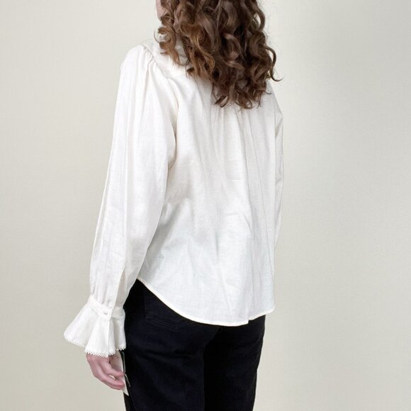 Vintage 100% Linen Ruffle Lace Cottagecore Whimsigoth Victorian Shirt Blouse Top - Picture 3 of 9